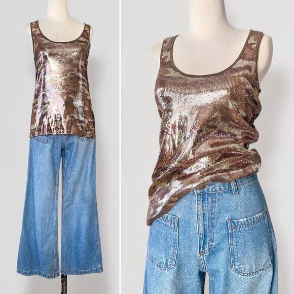 Y2K Camo Sequin DKNY Tank Top Sz S Metallic Brown Festival Disco Grunge Retro - Picture 1 of 9